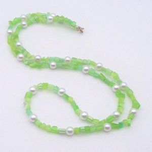 Handmade Faux Pearls and Iridescent Green Stone Necklace